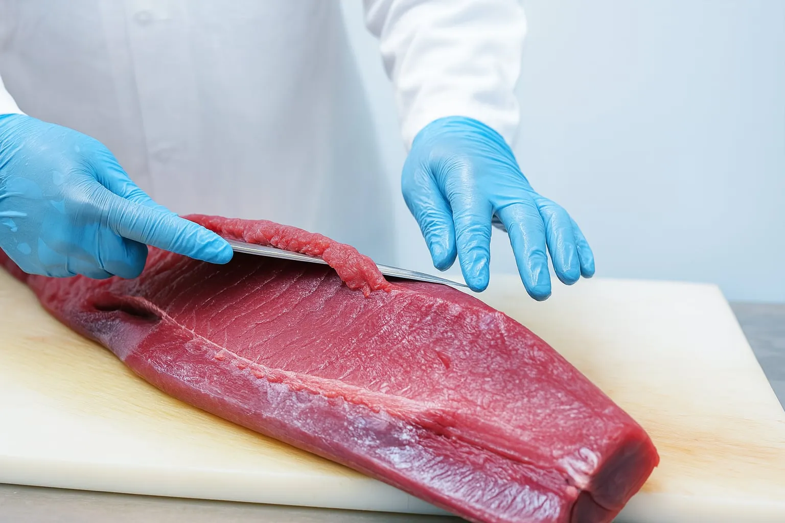 A gloved hand trimming a fresh yellowfin tuna loin on a white cutting board