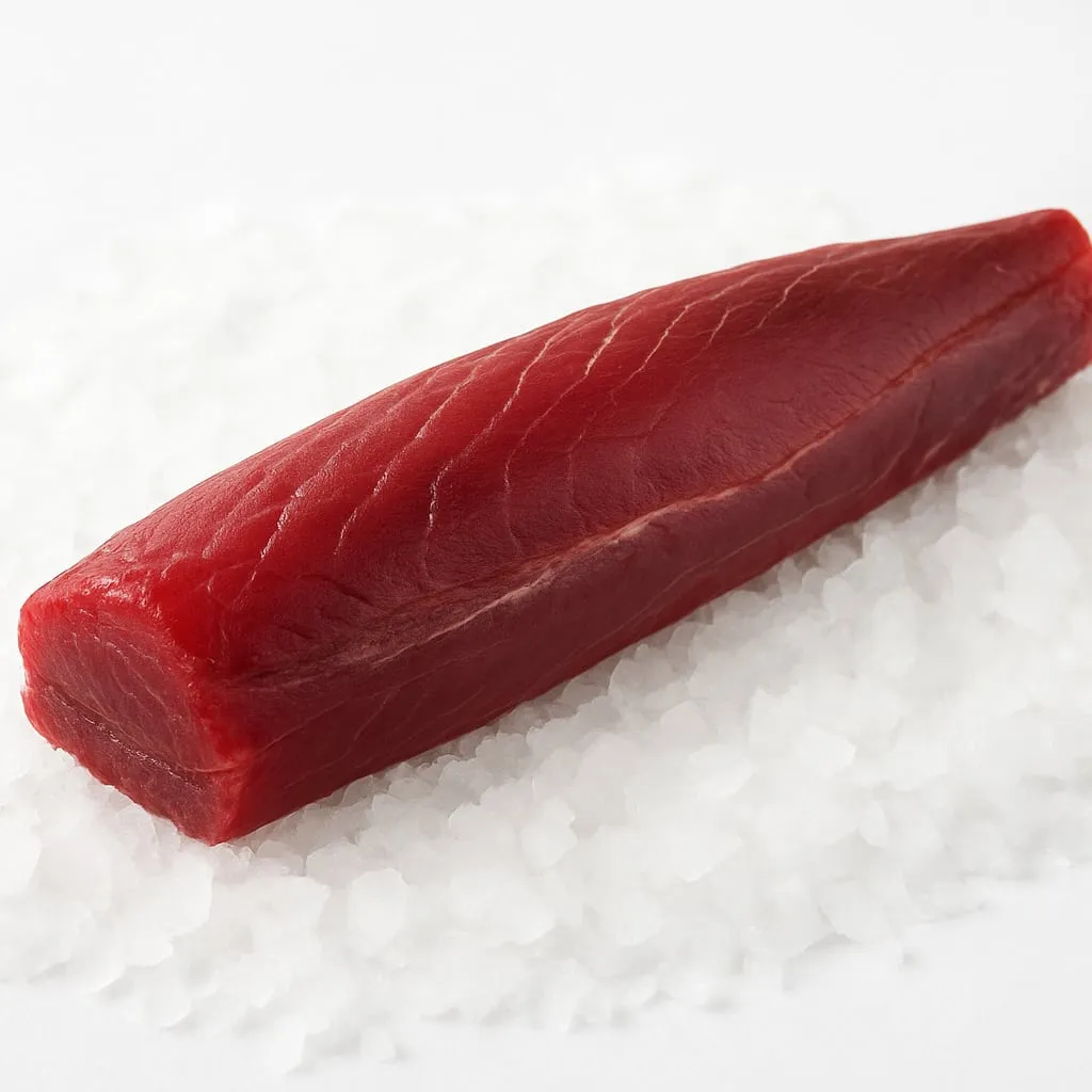 A skinless yellowfin tuna loin resting on crushed ice
